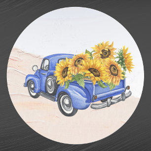 Blaue Vintage-Blumen-Lieferwagen mit Sonnenblumen Runder Aufkleber