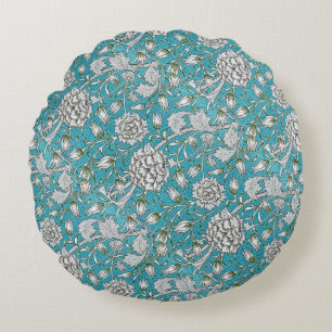 Blaue Vintage-Blumen mit Silberlaub Rundes Kissen