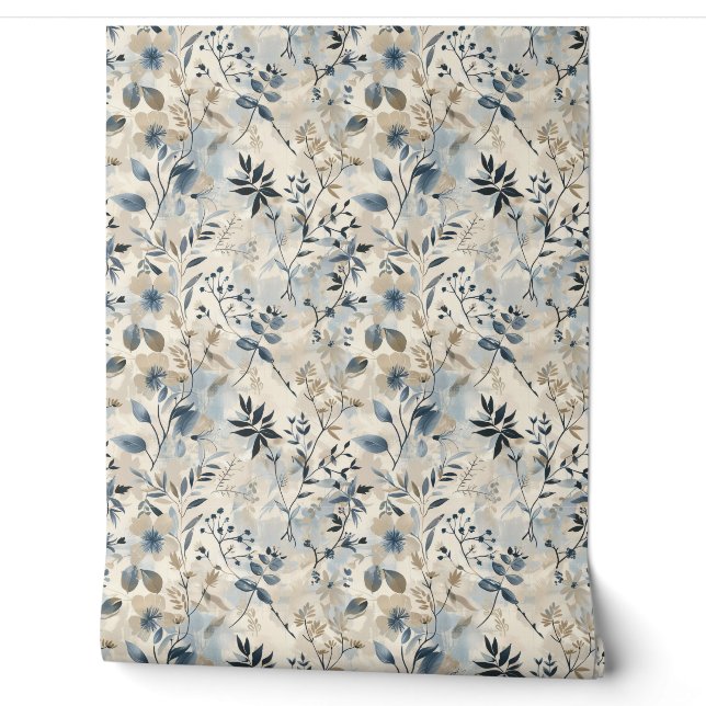 Blaue Vintage-Blumen neutral Tapete (Abrollen)