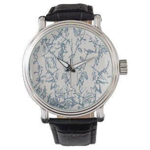 Blaue Vintage-Blumen-Skizzenmuster eWatch Uhr