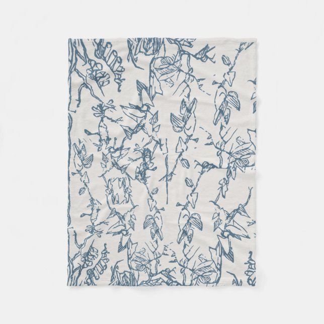 Blaue Vintage-Blumen-Skizzenmuster Fleecedecke (Vorderseite)