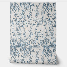 Blaue Vintage-Blumen-Skizzenmuster-Tapete
