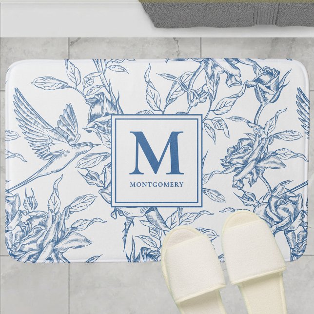 Blaue Vintage-Blumen-Toile de Jouy französisches M Badematte (Von Creator hochgeladen)