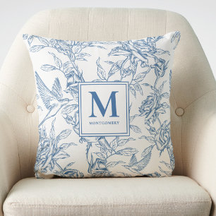 Blaue Vintage-Blumen-Toile de Jouy französisches M Kissen