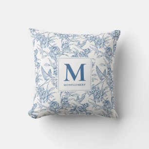 Blaue Vintage-Blumen-Toile de Jouy französisches M Kissen
