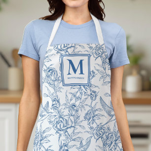 Blaue Vintage-Blumen-Toile de Jouy französisches M Schürze
