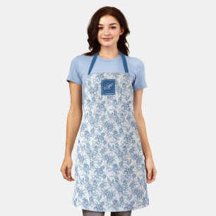 Blaue Vintage-Blumen-Toile de Jouy französisches M Schürze