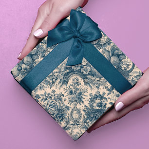 Blaue Vintage-Blumen-Toile de Jouy Geschenkpapier