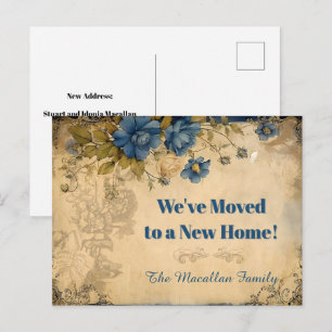 Blaue Vintage-Blumen Umzugsankündigung Postkarte