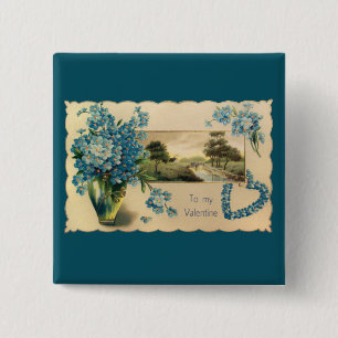 Blaue Vintage-Blumen-Valentinsknopf Button