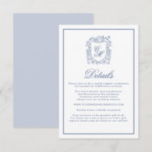 Blaue Vintage-Blumen-Wappen-Hochzeits-Detailkarte
