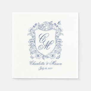 Blaue Vintage-Blumen-Wappen-Hochzeits-Monogramm-Se Serviette