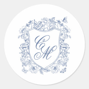 Blaue Vintage-Blumen-Wappen-Hochzeits-Rund-Aufkleb Runder Aufkleber
