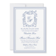 Blaue Vintage-Blumen-Wappen-Hochzeitseinladung