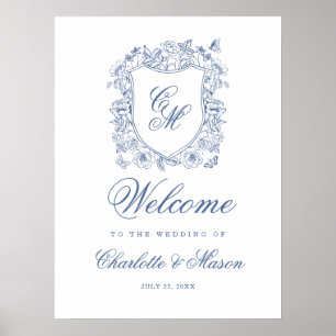 Blaue Vintage-Blumen-Wappen-Hochzeitsmonogramm-Wil Poster