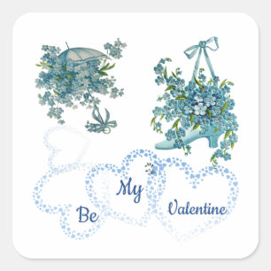 Blaue Vintage-Blumenherzen Sei mein Valentins Cust Quadratischer Aufkleber