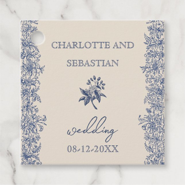 Blaue Vintage Blumenhochzeit Geschenkanhänger (Vorderseite)