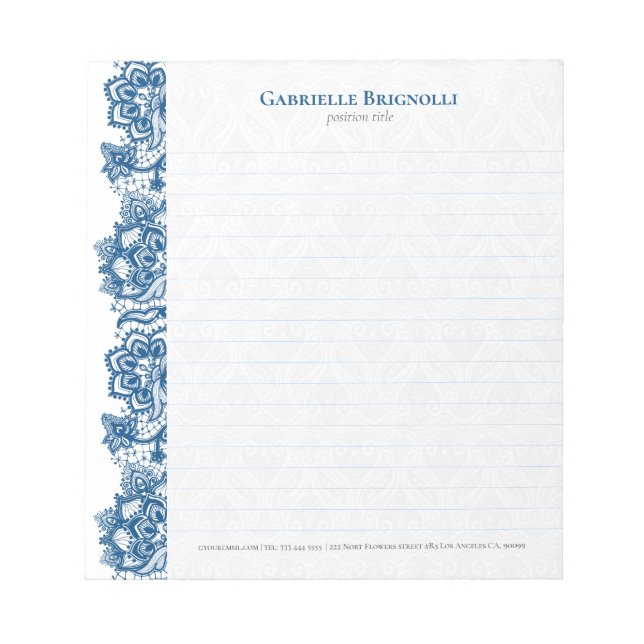 Blaue Vintage Blumenspitze Notizblock (Vorderseite)