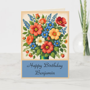 Blaue Vintage-Blumenstrauß gefaltete Geburtstagska Karte