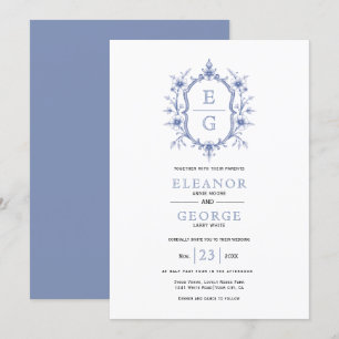 Blaue vintage Blumenwappen Initialen Hochzeit Einladung