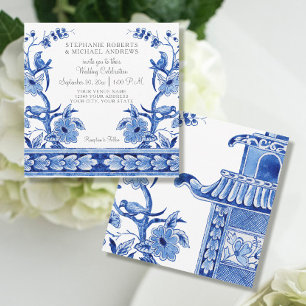 Blaue Vintage-Chinoiserie Asiatische Blumen-Wasser Einladung