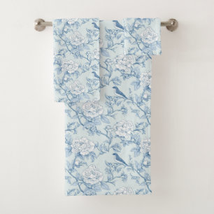 Blaue Vintage-Chinoiserie Toile De Jouy Blumen Badhandtuch Set