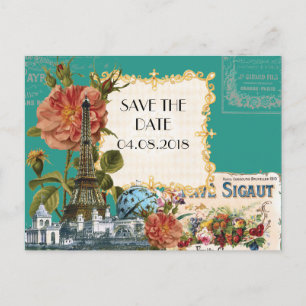 Blaue Vintage-Eiffelturm-Rose-Save-the-Date-Karte Ankündigungspostkarte