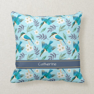 Blaue Vintage-Eisvögel Vögel Floralmuster Name Kissen