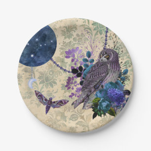 Blaue Vintage-Eule-Mond-Motte Pappteller