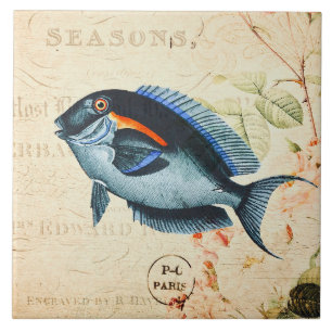 Blaue Vintage-Fisch-Französische Blumenillustratio Fliese