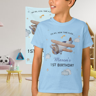 Blaue Vintage-Flugzeug-Zeit Fliegt 1. Geburtstag T-Shirt