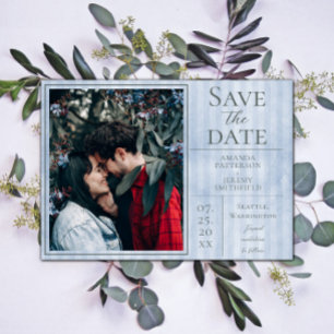 Blaue Vintage-Gestreifte Foto-Save-the-Date-Hochze Save The Date
