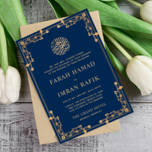 Blaue Vintage Goldgrenze Islamische Hochzeit Einladung