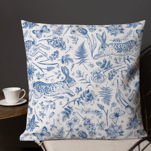 Blaue Vintage-Hasen und Frühlingsblumen-Muster Kissen