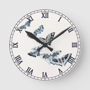 Blaue Vintage-Japan-Schmetterling-Aquarell Runde Wanduhr