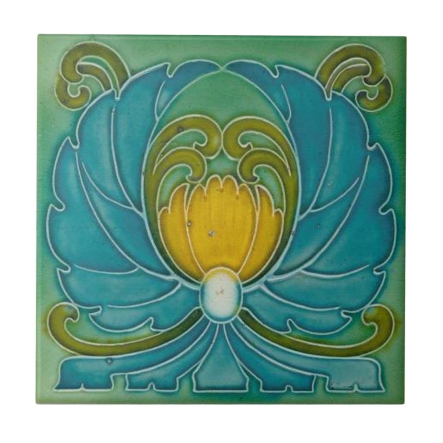 Blaue Vintage Jugendstil-Blume Design Fliese (Vorderseite)