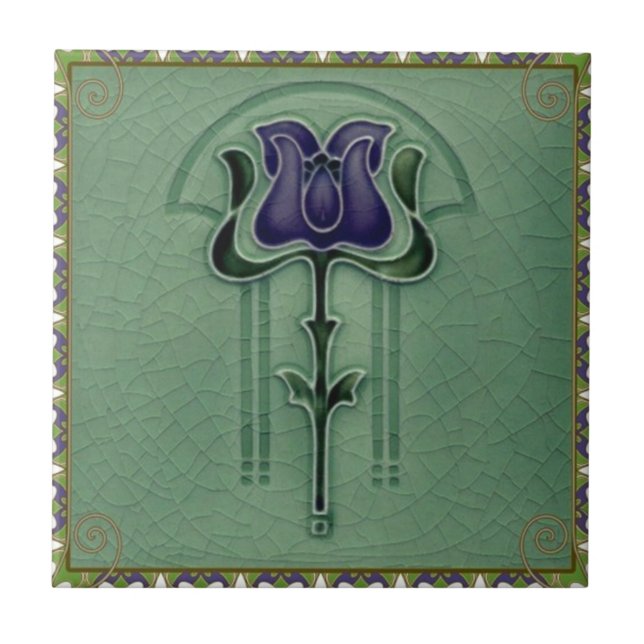 Blaue Vintage Jugendstil-Blume Design Fliese (Vorderseite)