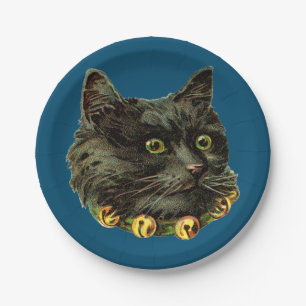 Blaue Vintage Katze mit Glocken-Papierplatte Pappteller