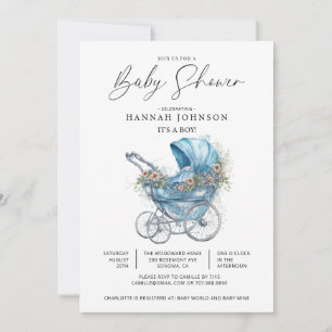 Blaue Vintage Kinderwagen- Babyparty Es ist ein Ju Einladung