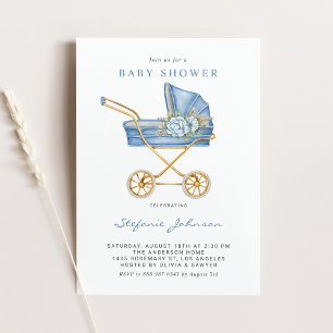 Blaue Vintage-Kinderwagen-Einladung zum Babyshower Einladung