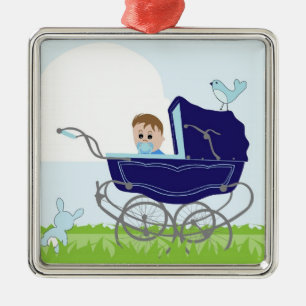 Blaue Vintage-Kinderwagen für Jungen Ornament Aus Metall