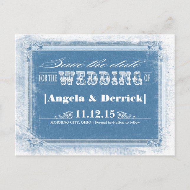 Blaue Vintage, kreative Save the Date Postkarten (Vorderseite)