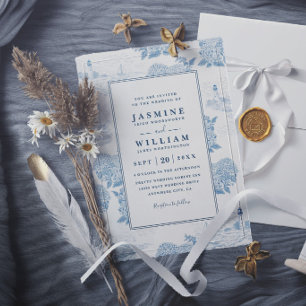 Blaue Vintage-Küsten-Blumen Elegante Schicke Hochz Einladung
