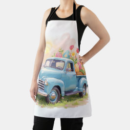 Blaue Vintage-Lieferwagen mit Ostereiern & Tulpen Schürze
