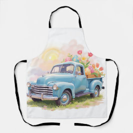 Blaue Vintage-Lieferwagen mit Ostereiern & Tulpen Schürze