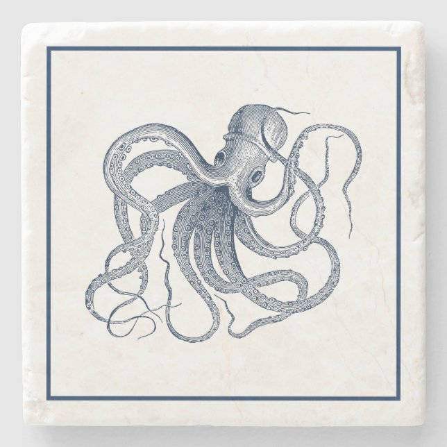 Blaue Vintage Octopus-Illustration Steinuntersetzer (Vorderseite)