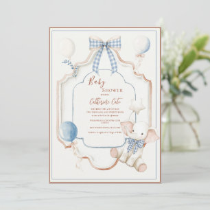 Blaue Vintage-Rahmen-Elefanten-Balloons Baby Einladung
