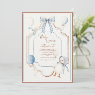 Blaue Vintage-Rahmen-Enten-Gänse-Balloons Baby Einladung