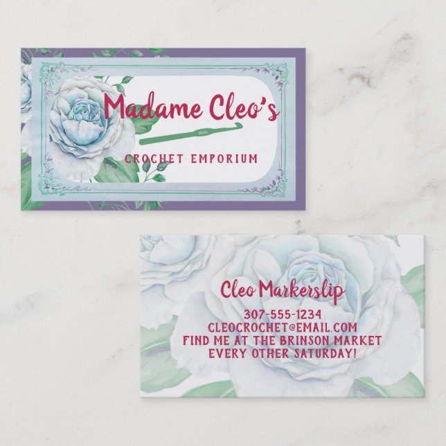 Blaue Vintage Rose Häkelgarne Visitenkarte (Vorne/Hinten)