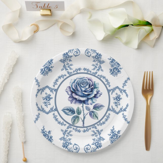 Blaue Vintage-Rose Pappteller (Hochzeit)
